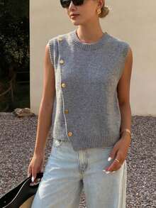 1 pieza Chaleco de punto sin mangas de unicolor, cuello redondo, diseño de botones asimétricos, moda de capas, corto, para verano - Gris - Ver 9