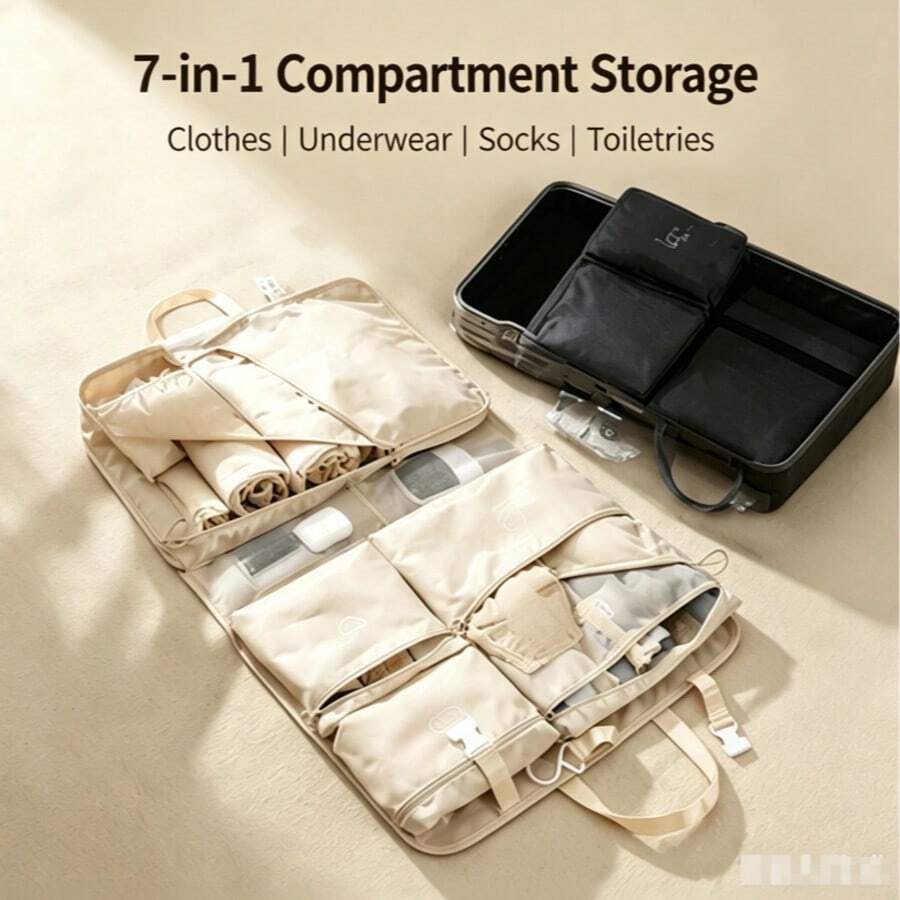 7合1掛式旅行收納袋，多隔層可折疊行李收納袋，適用於衣物、內衣、襪子、盥洗用品、旅行行李箱配件 - 查看 1