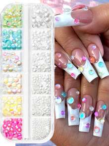 12 Grid Iridescent Mermaid Bubble Nail Beads Flat Back Aurora Rainbow Water Drop Pearl Charms Mixed Color Size 3D Transparent Dome Nail Rhinestones For Cat Eye Bubble Manicure DIY Nail Art Decorations Makeup Craft Accessories - Multicolor - View 3