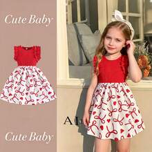 Sleeveless Ruffle Solid Ribbed Bow Floral Print Sweet Dress For Toddler Girls, Summer - Red - View 1