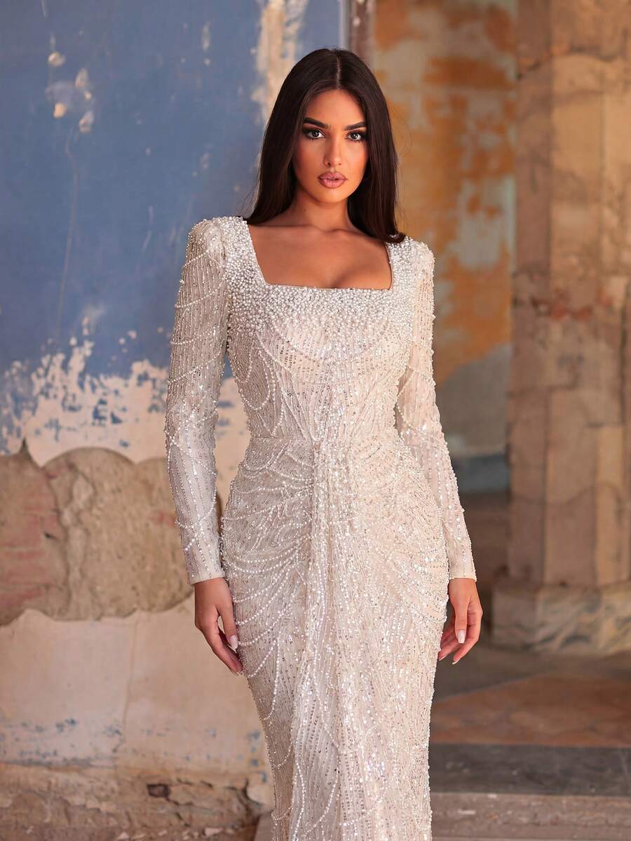 Faeriesty Haute Glamour Square Neck Floor-Length Gown: Rippled Beaded & Sequined, Mermaid Silhouette Vacation Wedding Party Fall