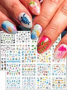 SWEET TREND 2 Large Summer Marine Animal Tropical Plant Design Water Transfer Nail Sticker, Beach Coconut Tree, Leaves And Turtles, Shells, Seahorse Design DIY Nail Art Sticker, Marine Life Sticker Watermark Slider Nail Art Decoration DIY Nail Supplies - Multicolor - View 2