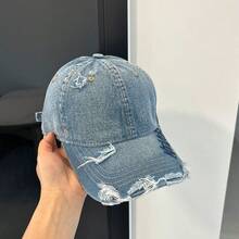 1pc New Letter Embroidered Washed Denim Baseball Cap Women American Vintage Distressed Duck Bill Hat Soft Top Large Head Circumference - Multicolor - View 9