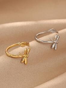 Anillo de mujer con diseño de libélula y hoja chapado en oro de 18K, anillo ajustable abierto resistente a la decoloración, joyería de boda única, adecuado para vacaciones, fiestas y accesorios de baile, regalo perfecto de cumpleaños/aniversario para novia/mamá/mejor amiga - Varios - Ver 2