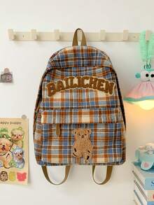 1pc Retro Rainbow Checkered Fabric Backpack, Multi Pocket Lightweight Casual Daypack With Adjustable Canvas Shoulder Straps - Multicolor - View 7