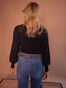 Sweater Pullover Rajut Hitam Wanita, Lengan Panjang, Kerah Persegi, Elastisitas Sedang, Cocok untuk Dipakai di Musim Gugur - Hitam - View 4