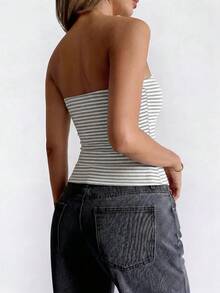 女款夏季性感辣妹休閒百搭 Y2K 風格抹胸上衣 - 灰白條紋 - 查看 3