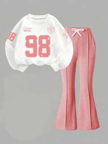 Young Girl Digital Print Long Sleeve Crew Neck Sweatshirt And Flare Pants Casual Set - Pink - View 2