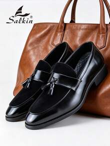 Salkin 男士設計師經典黑色一腳蹬樂福鞋 流蘇仿麂皮純素皮革正裝鞋 優雅紳士社交鞋 商務通勤辦公日常穿著休閒鞋 男士派對情侶約會浪漫晚宴晚餐婚禮時尚新郎鞋 返校學生鞋 假期禮物 全季男鞋，請選擇大一號 - 黑色 - 查看 9