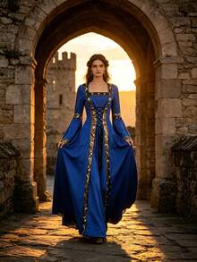 Medieval Vintage Hooded Dress, Square Neck Lace-Up Flare Sleeve Renaissance Maxi Gown With Gold Trim Fall - Blue - View 3