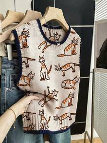 Women's Knitted Sweater Vest, Savannah Landscape Pattern, Round Neck Ribbed Knit, Regular Fit, Suitable For Autumn Layering - Apricot - View 2