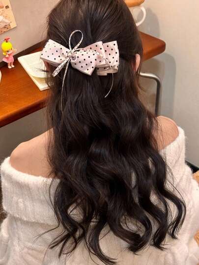 1pc Sweet Polka Dot Bow Ribbon Hair Clip For Women, Back Of Head High Ponytail Banana Clip, Elegant Half-Up Vertical Hair Accessory