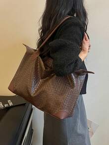 鱷魚壓紋歐美風個性化大容量極簡托特包女款，新款絎縫通勤單肩包 - 咖啡 - 查看 6