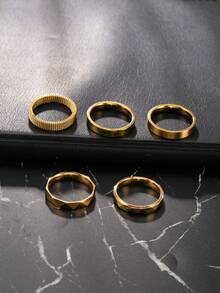 5件組金色不鏽鋼戒指 4mm寬細戒 男士戒指 刻面戒指 送給丈夫、同學、男友的禮物，日常配戴，精選禮物 - 金色 - 查看 3