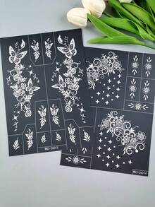 2pcs / 1sheet Butterfly Floral Henna Mehndi Tattoo Stencil Set, Reusable, Suitable For Beginners, Brides, Weddings, Festivals, Temporary Body Art - Black - View 5