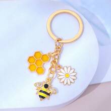 1pc Enamel Bee Honeycomb Daisy Metal Keychain, Cute Floral Bag Charm, Back To School Labor Day Holiday Decoration Gift - Multicolor - View 4