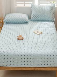 1 pieza Sábana ajustada con base azul claro y patrón de lunares negros pequeños sin relleno, sábana ajustada para dormitorio de microfibra cepillada transpirable y cómoda 1 pieza sábana ajustada tamaño King Queen Full Twin con diseño de bolsillo profundo hasta 11.8 pulgadas, - Celeste - Ver 5