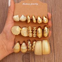 1 Set Golden Plated Textured Earring Set, Shell/Teardrop/Twist Design Statement Earrings For Women, Daily & Party Wear Fashion Jewelry - Yellow Gold - View 5