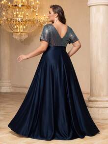 UNITHORSE V-Neck Short Sleeve Sequin Patchwork Satin Flared Formal Dress - Navy Blue - View 2