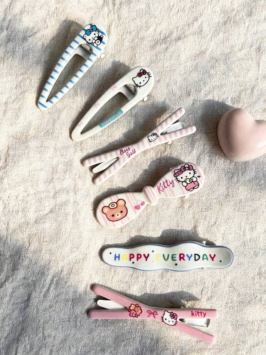 SANRIO 6入組印花髮夾，可愛耐用，適合日常配戴、返校造型、旅行度假髮飾 - 彩色 - 查看 1