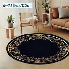 1pc Black & Gold Floral Round Rug, Nordic Style, Decorative Rug, Bedroom Decor, Small Rug, Carpet, Home Decor, Living Room Rug, Living Room Small Rug, Bedroom Rug, Living Room Home Decor, Outdoor Rug, Washable Rug - Multicolor - View 2