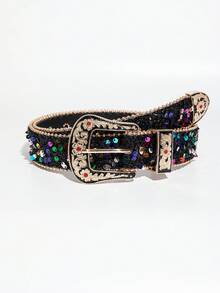 1件女款復古奢華花卉彩色亮片腰帶｜派對腰部飾品｜歐式雕花亮面金屬扣頭｜夜店時尚百搭單品 - 黑彩B - 查看 6