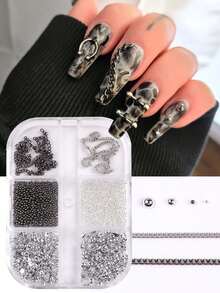 2 Boxes Gothic Halloween Metal Nail Art Charms, Snake Skull Cross Rivet, Silver Black Caviar Beads Rhinestone Chain, Punk Nail DIY Decoration - Multicolor - View 3