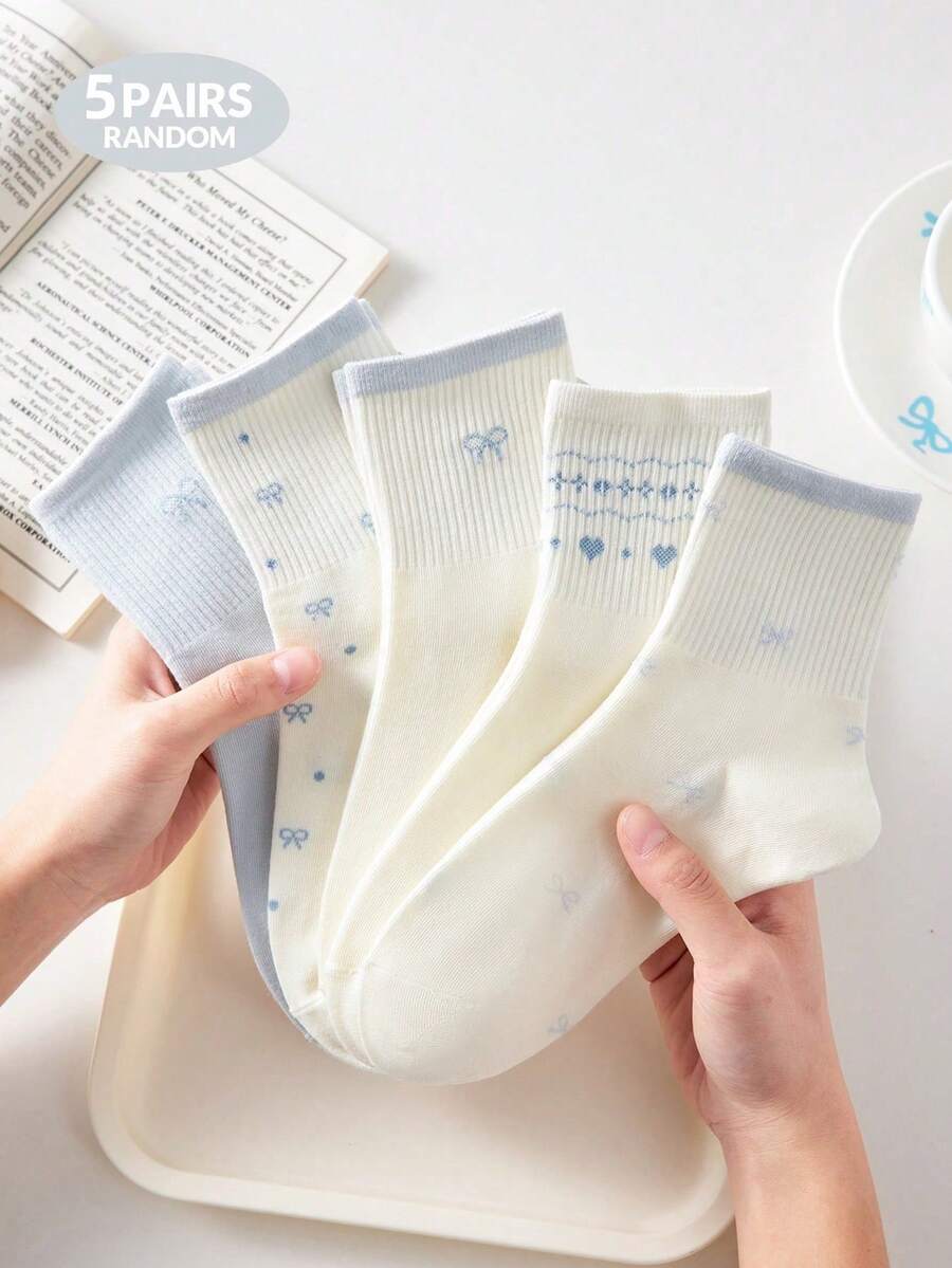 5雙女款可愛甜美蝴蝶結波點圖案純色短襪/踝襪/短筒襪,白色襪子,極簡風學生風,舒適休閒創意日常百搭,隨機配色可選,適合日常穿著,四季皆宜 - 彩色 - 查看 1