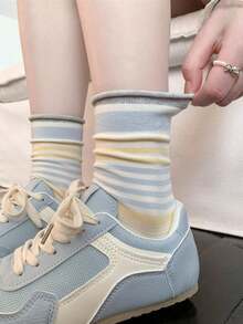 4 Pairs Korean Ins Style Color Block Striped Mid-Calf Socks, Retro Contrast Color Cuff, Student Style - Multicolor - View 6