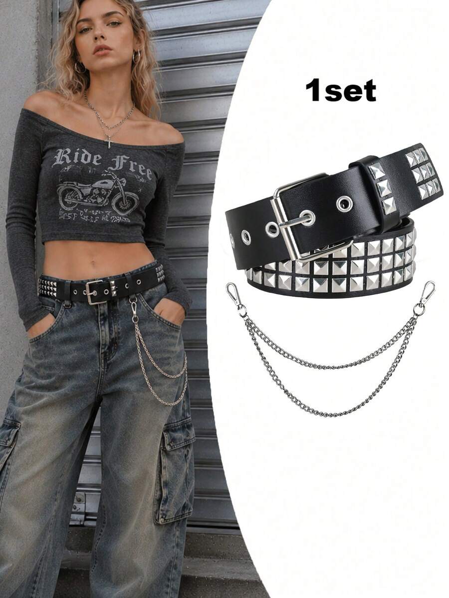 1 Set Cinturón Vintage con Remaches & Combinación de Cadena, Cinturón Punk de unicolor - Negro + cadena para pantalones - Ver 1
