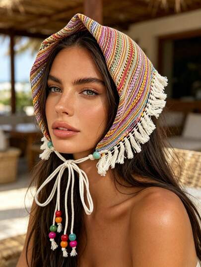 1Pc Bohemian Colorful Striped Woven Hair Scarf, Tassel Beaded Triangle Headwrap, Women's Summer Beach/Vacation/Daily Versatile Hair Accessory