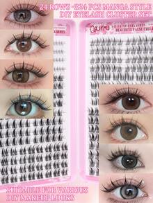 24 Rows Of 324pcs Manga Style DIY Eyelash Set, 8 Mixed Styles, Suitable For Daily Work And Parties, Suitable For Various Eyelash Needs, Even Beginners Can Create Natural Makeup Effects, Suitable For Wearing At Parties, Eyelashes, Fake Eyelashes - C - View 1