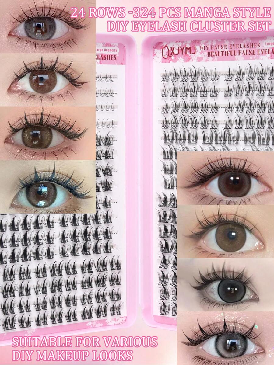 24 Rows Of 324pcs Manga Style DIY Eyelash Set, 8 Mixed Styles, Suitable For Daily Work And Parties, Suitable For Various Eyelash Needs, Even Beginners Can Create Natural Makeup Effects, Suitable For Wearing At Parties, Eyelashes, Fake Eyelashes - C - View 1