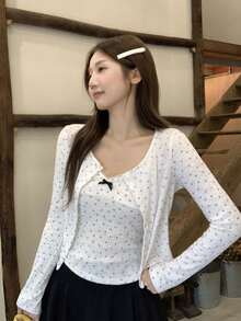 女款碎花百搭長袖開襟衫，秋季新款修身韓風上衣，不含內搭，休閒度假風，白色 - 白色 - 查看 6