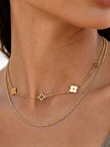 2pcs/Set Multi-Style Long Layered Chain Necklaces, 18K Gold Plated Stainless Steel, Clover, Twisted Dough, Round Snake Design, Stackable - Gold 2 - View 6