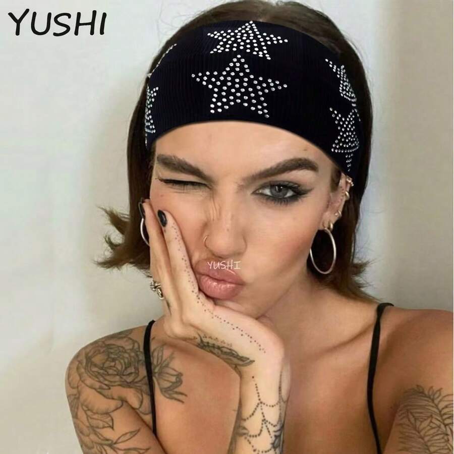1pc New European And American Style Letter Rhinestone Headband For Women, Street Punk Style, Fashionable Versatile Sports Sweat-Absorbing Hair Tie - Multicolor - View 1