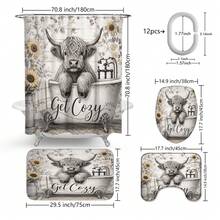 1pc/4pcs Vintage Bathtub Highland Cow Pattern Multi-Functional Bathroom Decor Shower Curtain Set, Free 12 Hooks, Premium Holiday Atmosphere, Bathroom Mat, U-Shaped Bath Mat And Round Toilet Lid Cover, Suitable For All Scenes Decoration, Bathroom Set - Bathtub Highland Cow - View 12