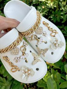 New 16pcs DIY Gold Ballet Angel Girl Chain, Heart, Flower, Butterfly, Faux Pearl Camellia Detachable Shoe Flower Decoration Buckle, Suitable For Garden Shoes, Beach Shoes, Sandals, Slippers, Holiday Gifts - Gold - View 5