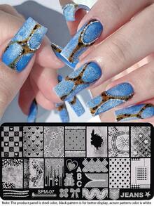 1 peça Placa de Carimbo para Unhas em Denim, Molde de Arte de Unhas em Aço Inoxidável com Textura de Denim, Coração, Xadrez, Bolinhas, Urso, Laço, Estrela e Padrão Grunge Rasgado, Placa de Carimbo de Unhas Y2K Doce e Feminina Estilo Cowboy para Acessórios de Manicure DIY de Salão - Prata - Ver 1