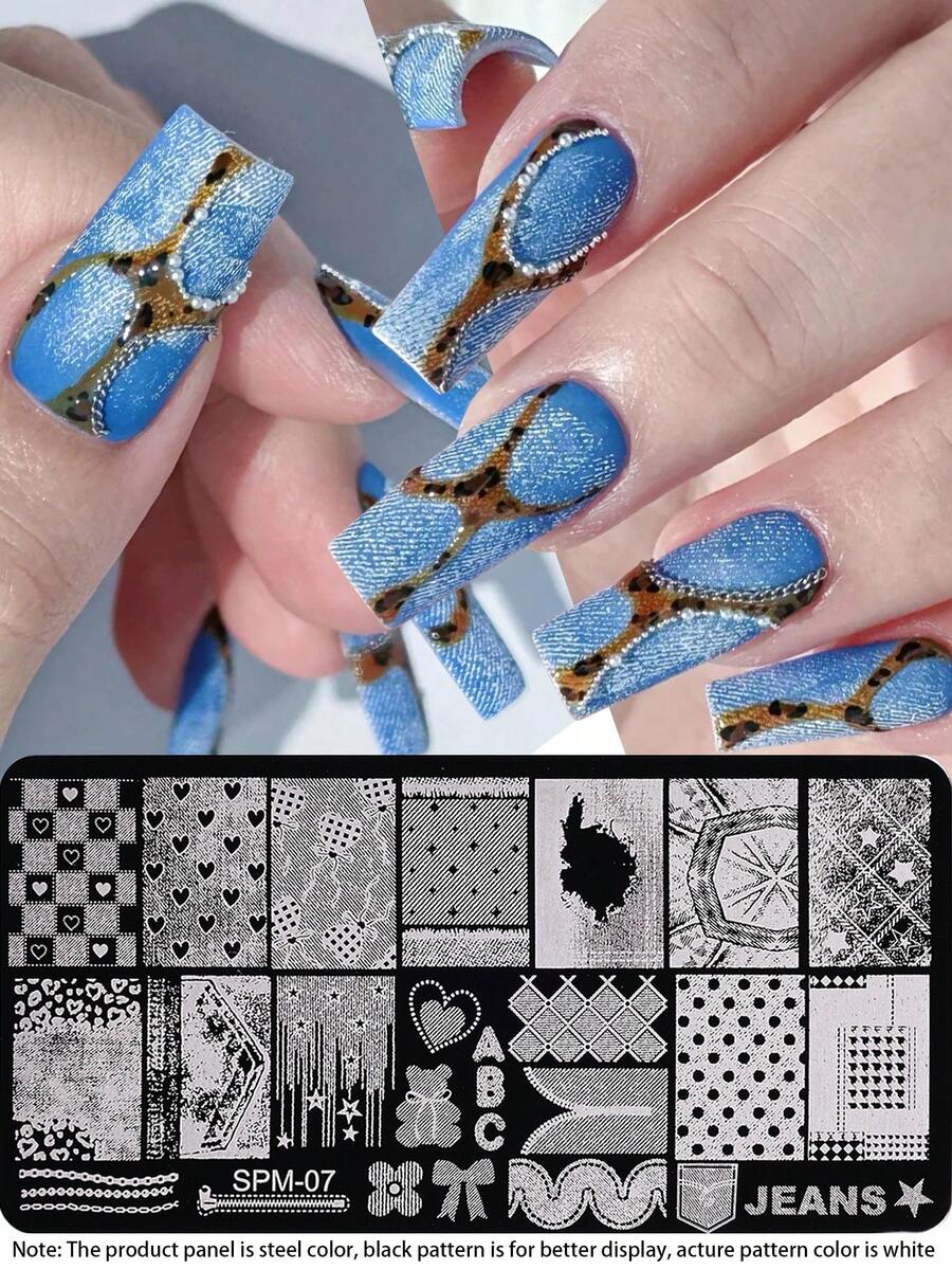 1 peça Placa de Carimbo para Unhas em Denim, Molde de Arte de Unhas em Aço Inoxidável com Textura de Denim, Coração, Xadrez, Bolinhas, Urso, Laço, Estrela e Padrão Grunge Rasgado, Placa de Carimbo de Unhas Y2K Doce e Feminina Estilo Cowboy para Acessórios de Manicure DIY de Salão - Prata - Ver 1