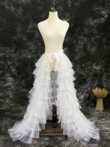 1 Pc Layered White Tulle Train Wrap Skirt Tie Waist Ruffle Tutu Overlay For Wedding Bride Evening Formal Party Dress Layering Accessory - A - View 10