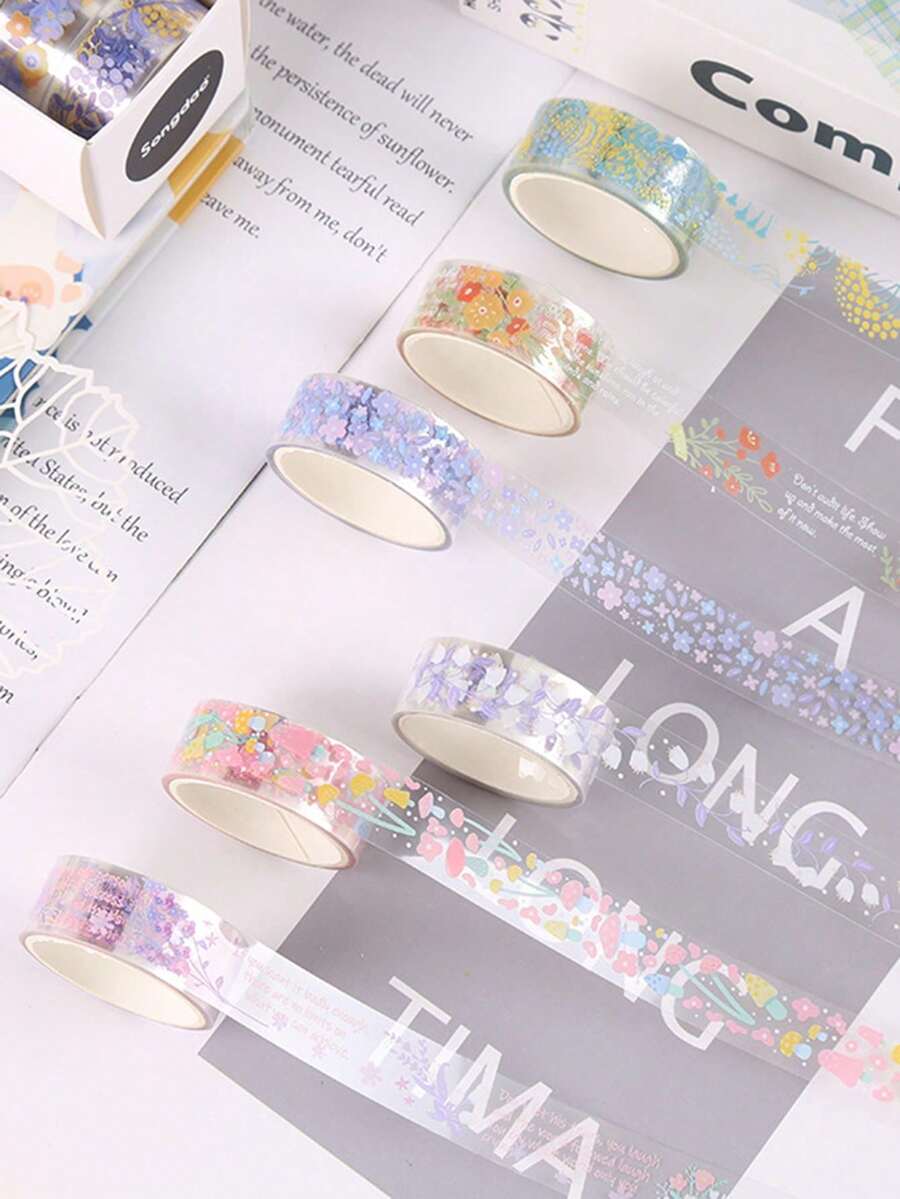 5 Rolls Of Boxed Floral Pattern Handbook Tape, Transparent Waterproof PET Tape, Personalized Fresh Student Handmade DIY Scrapbook Decoration Material Tape,Back To School,School Supplies - Sets - View 1