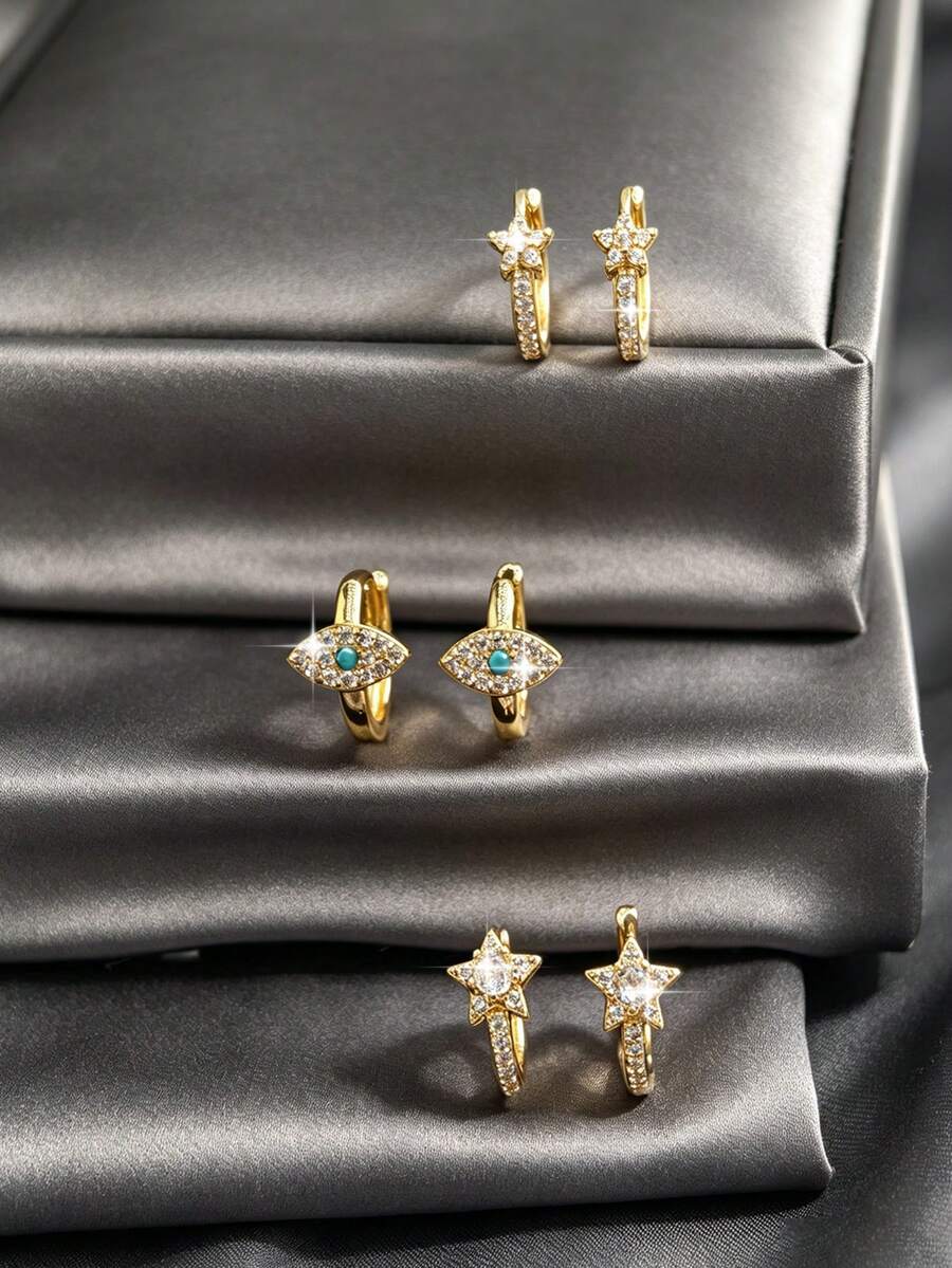 6pcs/Set Exquisite Fashion Copper Inlaid Zirconia Star & Geometric Circle Stud Earrings, Versatile Women's Earrings, Valentine's Day Date Gift - Star - View 1