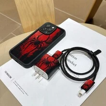 6件組黑色蜘蛛手機殼圖案 + 充電頭保護套 + 線材保護套 + 收納繩 + 數據線保護繩包裹 TPU 防摔保護殼 Apple 手機殼，日常使用殼，時尚手機配件，創意設計，UV 列印設計，時尚保護殼，時尚愛好者，音樂愛好者，生日禮物完美選擇 - 彩色 - View 3