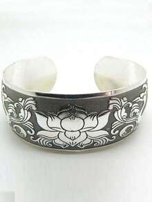 Brazalete ancho de plata vintage bohemio para mujer, brazalete de moda abierto grabado, joyería vintage bohemia - Plata antigua - Ver 17
