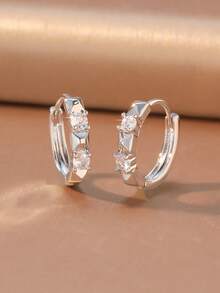 1 Pair/Gold/Silver/Double Round Zirconia Stone Angular C-Hoop Earrings, Alloy Rhinestone Inlaid, Minimalist Geometric Style Women's Versatile Elegant Earrings For Daily Commute And Dates - Multicolor - View 5