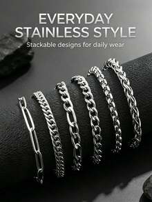 6pcs Minimalist Stainless Steel Chain Bracelet Set, Unisex Non-Fading Stackable Cuban Chain, Suitable For Daily Wear, Music Festival, Party, Vacation Outfit Accessory, Holiday Gift (Note Size: 20+5cm/7.87+1.97in) - Silver - View 9