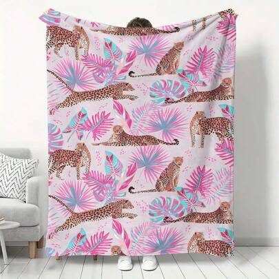 1PC Cartoon Tropical Palm Leaf & Leopard Theme Flannel Blanket, Antibacterial Thickened Home Decor, Suitable For Sofa, Bed, Living Room, Travel, Office, Shawl, Nap, Air Conditioning, Bed Sheet, Camping, Perfect Gift For Halloween, Thanksgiving, Christmas