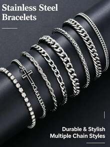 6pcs Minimalist Stainless Steel Chain Bracelet Set, Unisex Non-Fading Stackable Cuban Chain, Suitable For Daily Wear, Music Festival, Party, Vacation Outfit Accessory, Holiday Gift (Note Size: 20+5cm/7.87+1.97in) - Silver - View 11
