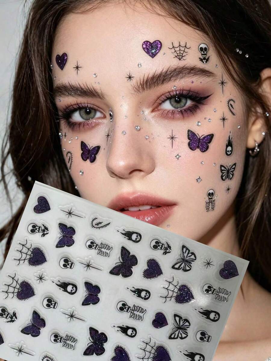 1pc Purple Glitter Butterfly Heart Skull Spider Web Face Decoration Sticker With Self-Adhesive Backing, Halloween Sweet Cool Gothic Party Atmosphere Face Makeup Sticker, Multi-Element Design For Forehead, Around Eyes, Cheeks, Easily Create Sweet Spicy Dark Niche Atmosphere Makeup - Multicolor - View 1